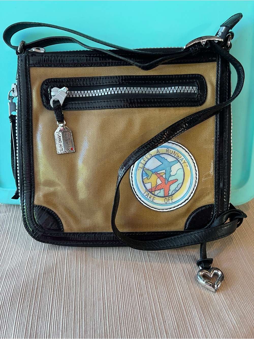 Brighton Vintage Tan & Black Trim. Grand Hotel / Travel Crossbody.